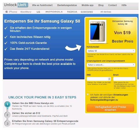 Preisangebot für Smartphones wie das Samsung Galaxy S8